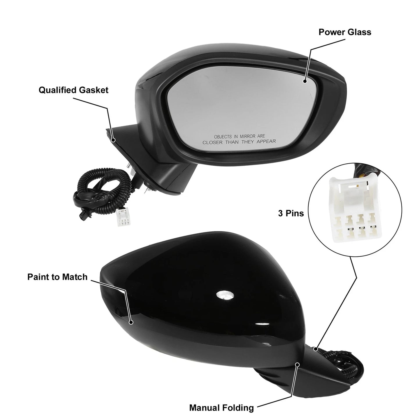 3 Pin Right Side Exterior Door Mirror Assembly Black for Honda Civic (2022-2023)