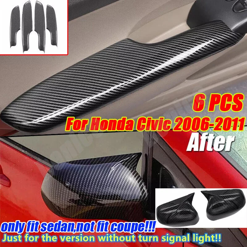 6x Carbon Fiber Mirror Cover Armrest Panel for Honda Civic (2006–2011)