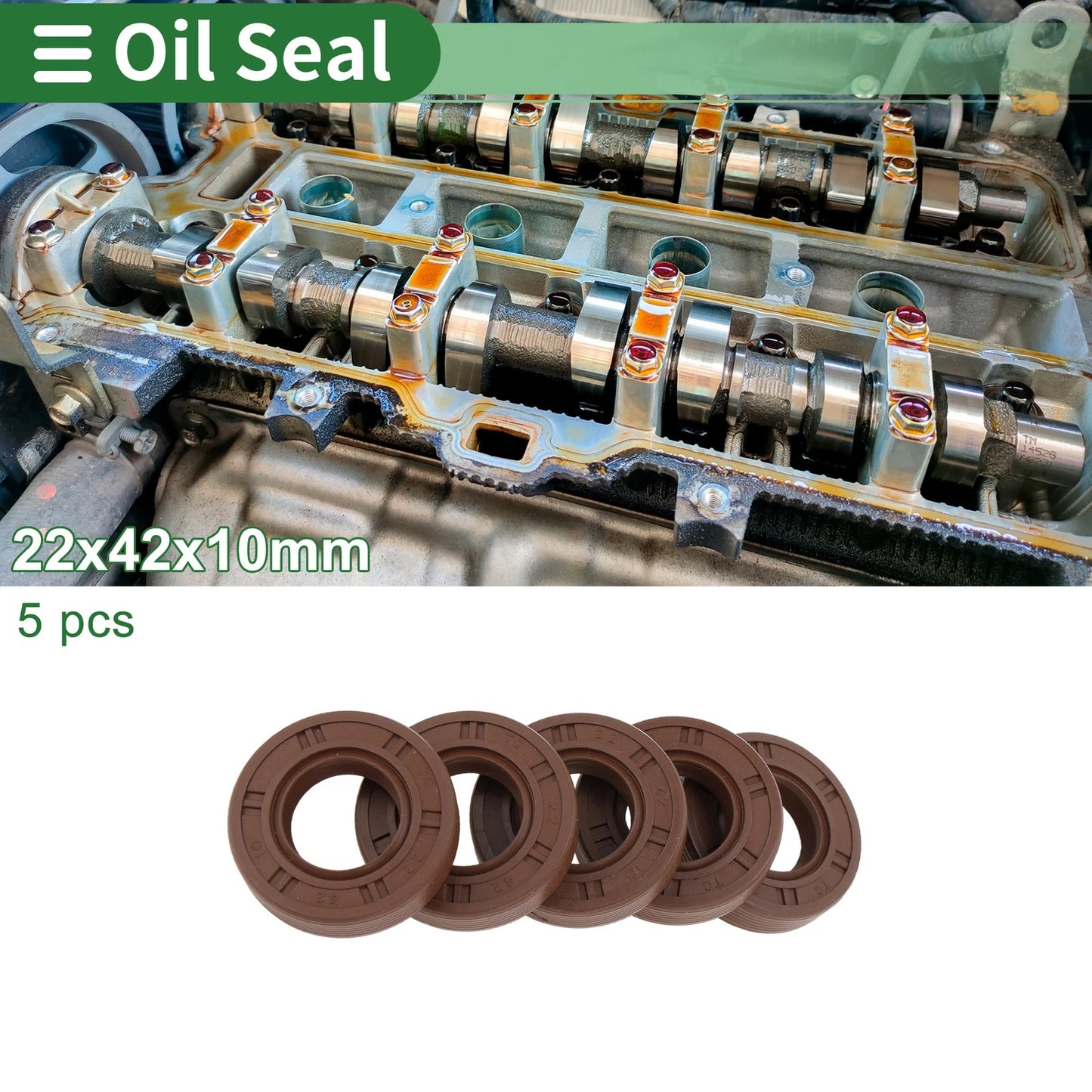 Oil Seal 22x42x10mm FKM Rubber High Pressure Brown 5 Pcs