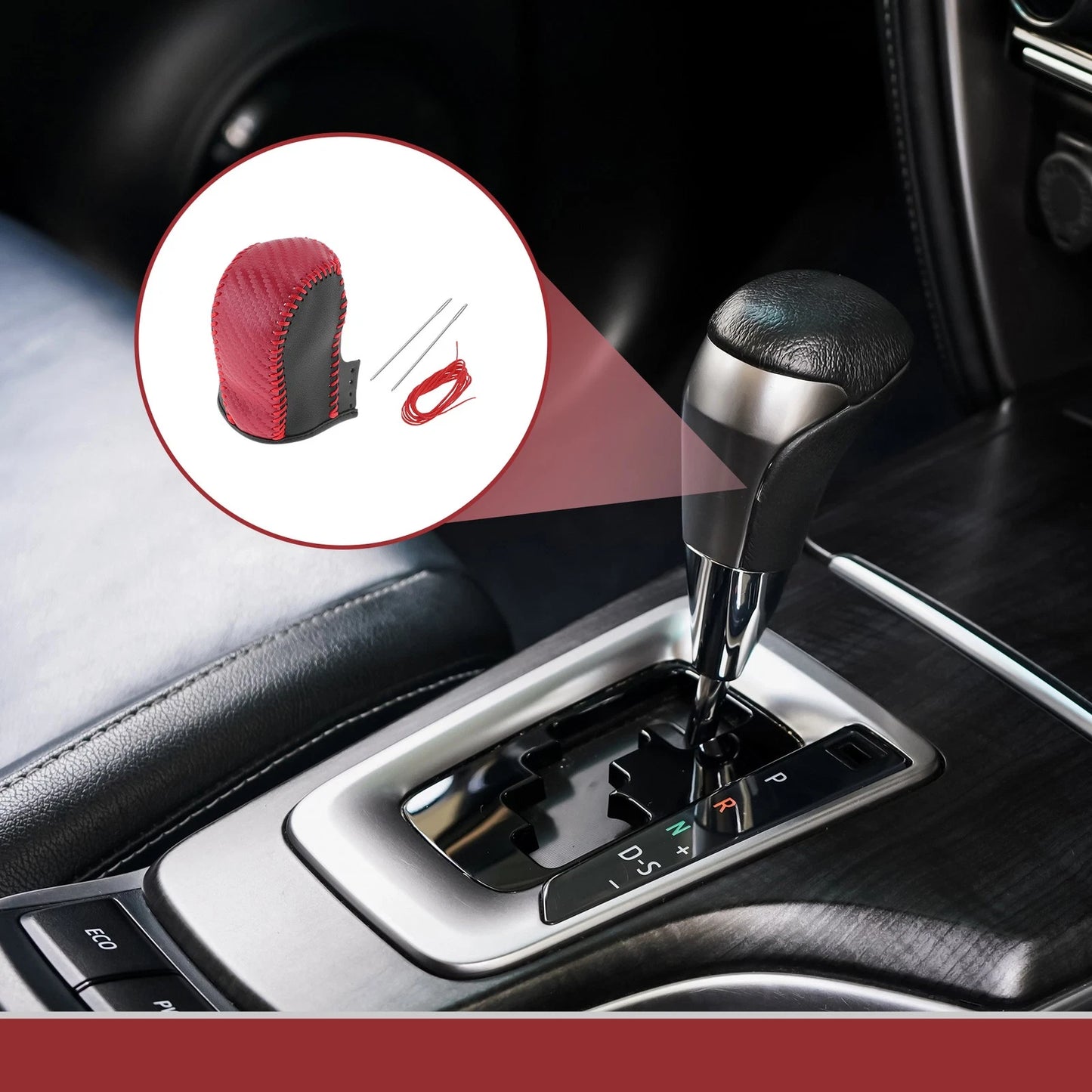 Gear Shift Knob Cover for Acura ZDX Black Red Faux Leather (2010 - 2012)