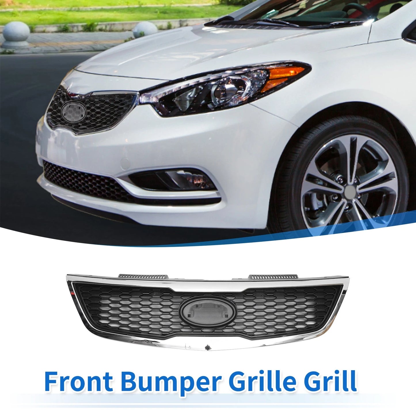 Front Upper Bumper Grille for Kia Forte (2010-2013) Black Chrome Silver Tone