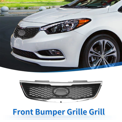 Front Upper Bumper Grille for Kia Forte (2010-2013) Black Chrome Silver Tone