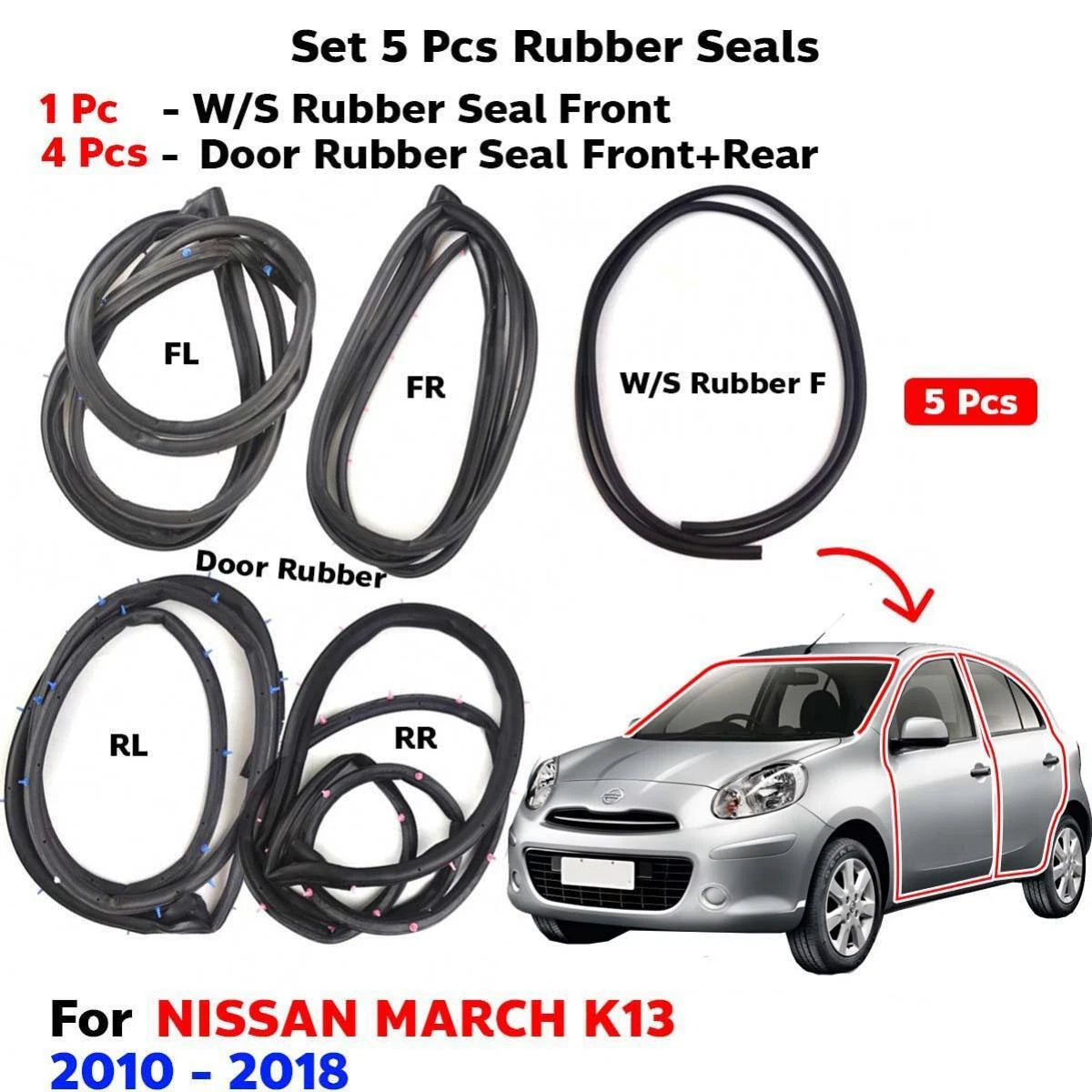 Front Windshield Door Rubber Set 5 Fits Nissan March K13 Hatchback 2010-18 D05